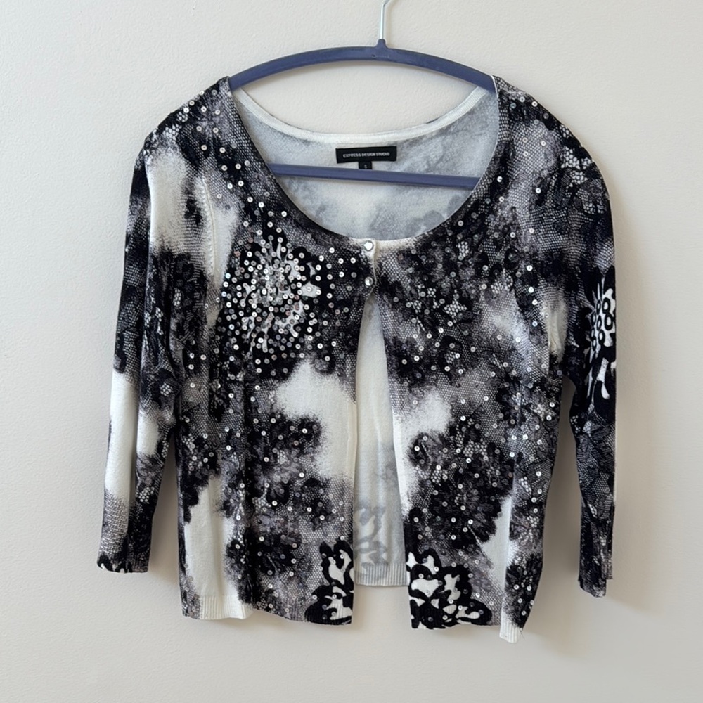 Express Black and White Cardigan Sweater